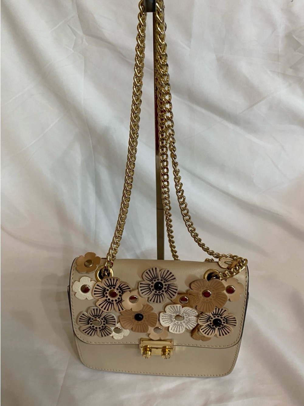 Beige Floral Italian Leather Shoulder Bag, Dinky Size w/Tea Rose Appliqué - Picture 15 of 16